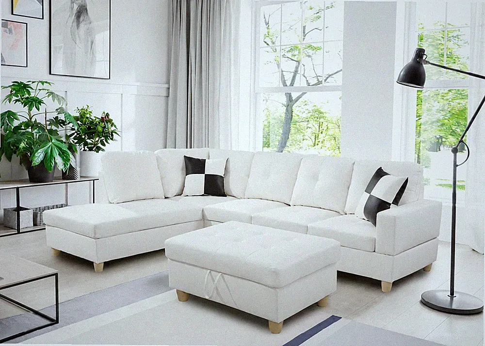 NEW Modern White Contemporary Sectional Set with Storage Ottoman & 2 Pillows