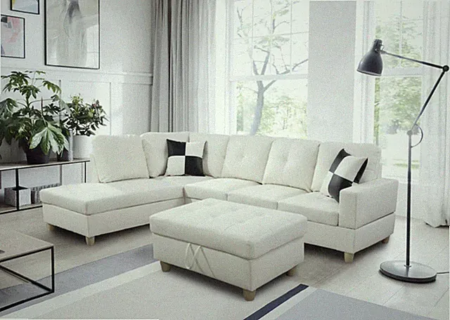 NEW Modern White Contemporary Sectional Set with Storage Ottoman & 2 Pillows