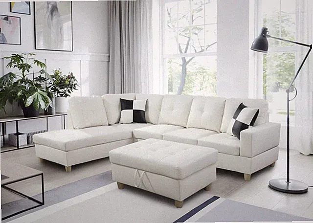NEW Modern White Sectional w/ Faux Leather Storage Ottoman & 2 Accent Pillows