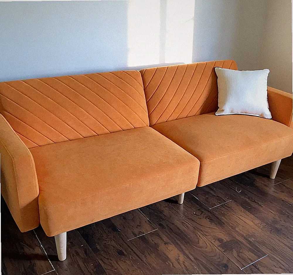 NEW Orange Velvet Futon Sofa Bed Convertible Sleeper Couch Modern Loveseat