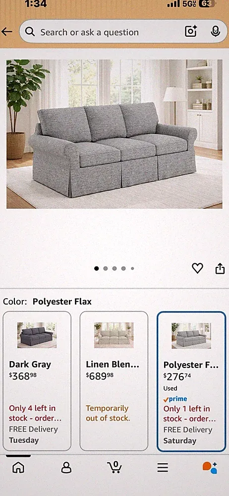 NEW! Pottery Barn Basic 3 Seat Sofa Slipcover Gray Flax Beautiful! *Free Ship!*