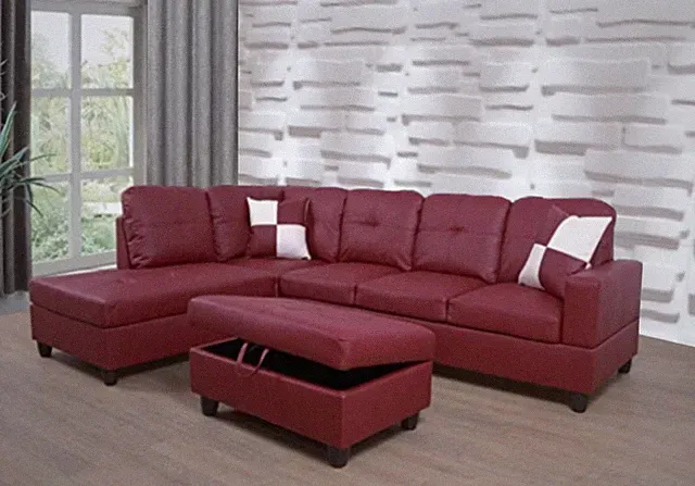 NEW Red Modern Sectional & Storage Ottoman & 2 Pillows Contemporary Living Room