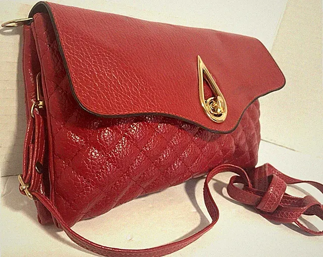 NEW Red Quilted Faux Leather Clutch Crossbody Shoulder 3 Section Handbag FUN