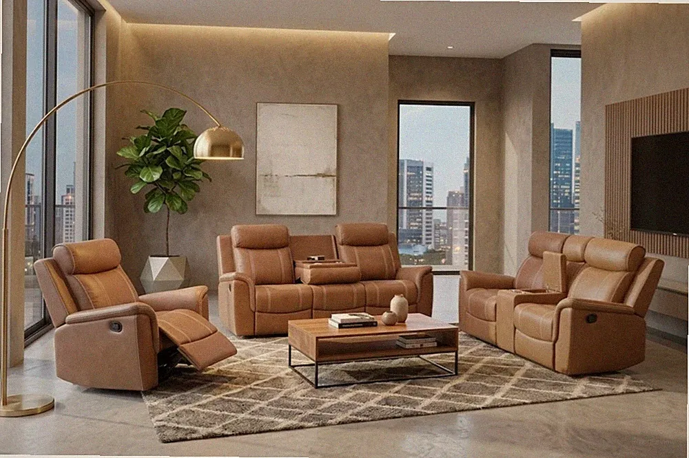NEW Rustic 3PC Sofa Loveseat Chair Saddle Brown Fabric Recliner Living Room Set