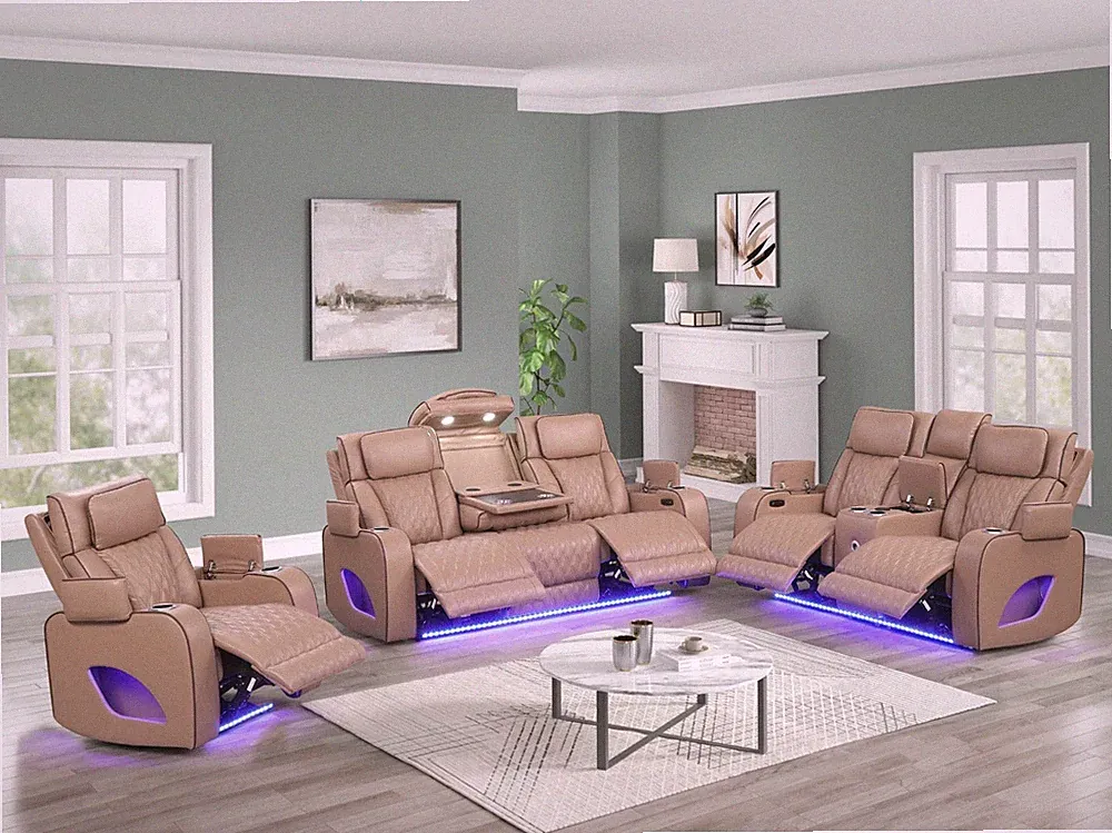 NEW Saddle Light Brown LED Power Recliner & Adj Headrest 3PC Sofa Set BT Speaker