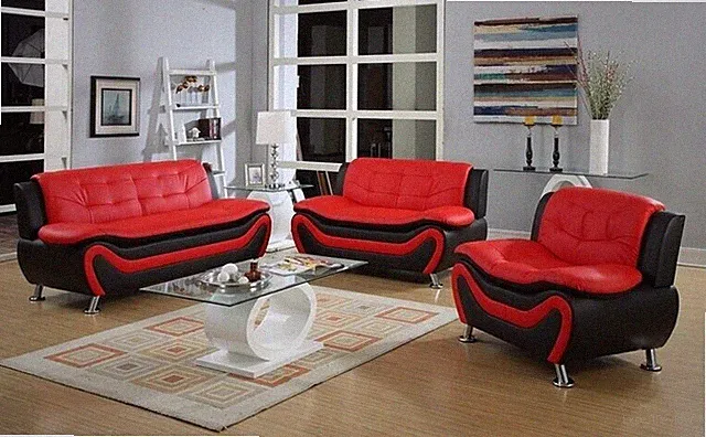 NEW Sofa Loveseat Chair Set Black Red Leather Gel 3PC Modern Living Furniture