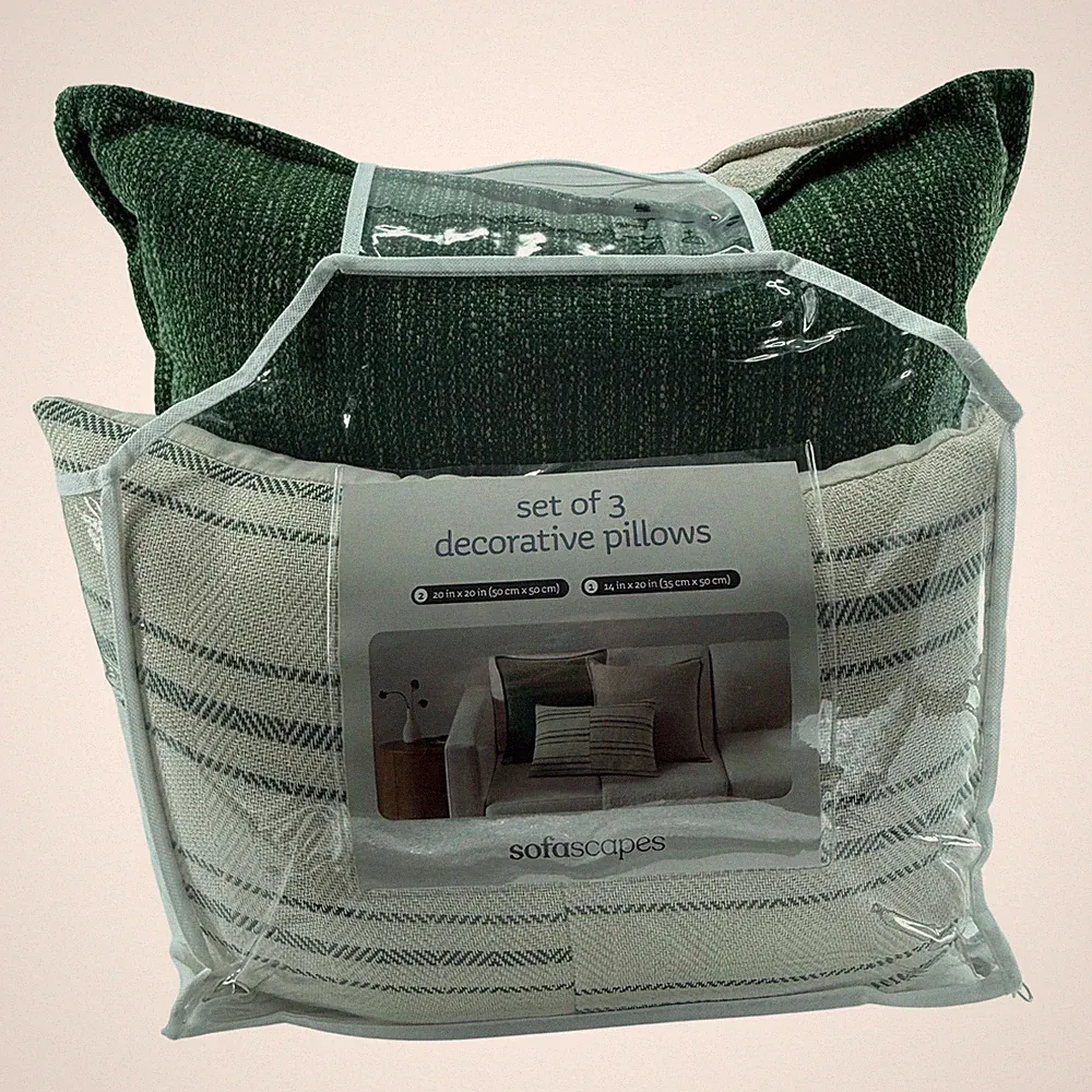 NEW Sofascapes OS 3pc Sofa Bed Decorative Pillows Green Beige Striped Farmhouse