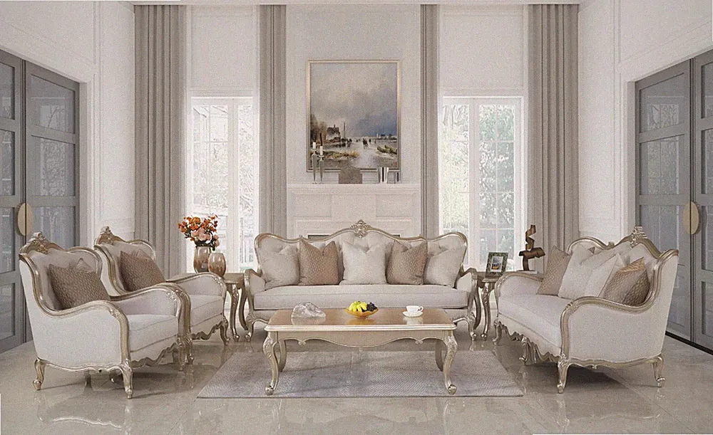 NEW Solid Wood French Country Upholstered 3PC Furniture Sofa Set Champagne Cream