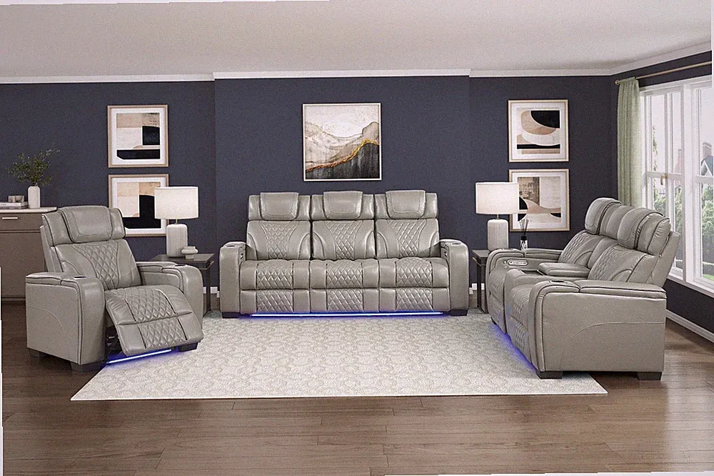 NEW Top-Grain Leather 3PC Power Recliner Sofa Set Heat Massage BT Speaker Gray