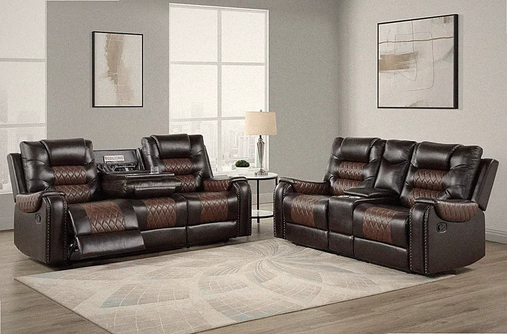 NEW Two-Tone 2PC Brown Sofa Loveseat 4-Recliner Rustic Leather Living Room Set