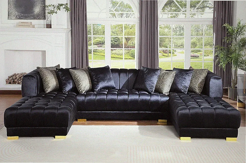 NEW U-Shaped 130" Modern Black Velvet Double Chaise Sectional Gold Leg 8 Pillows