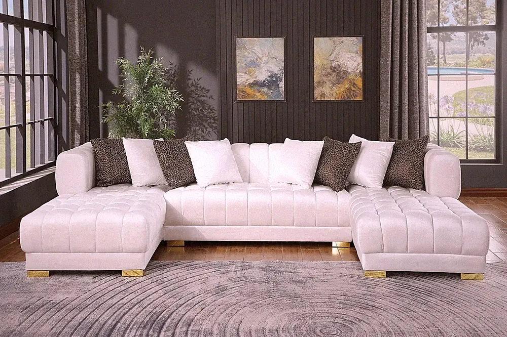 NEW U-Shaped 130" Modern White Velvet Double Chaise Sectional Gold Leg 8 Pillows