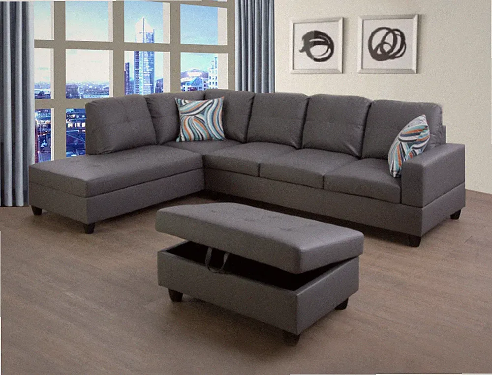 NEW Unique Gray Sectional w/ Storage Ottoman Faux Leather & 2 Accent Pillows