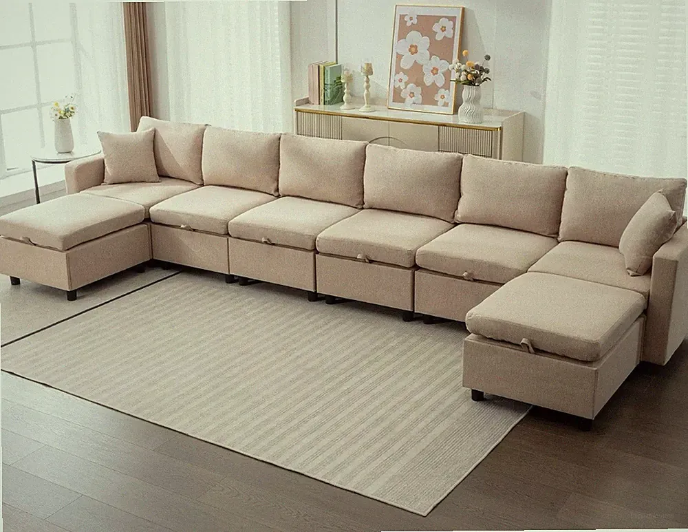 New Unused Large Sectional Sofa Beige Linen Fabric. Modular Sleeper Couch