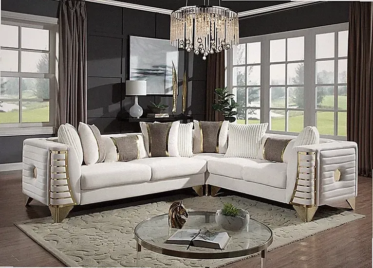 NEW White Cream Gold 112" Sectional Two-Tone Velvet Contemporary Living Room Set