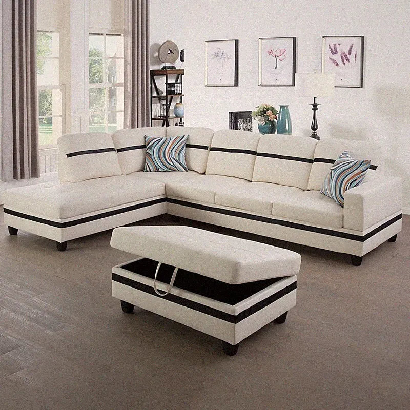 NEW White Modern Contemporary Sectional with Storage Ottoman & 2 Pillows