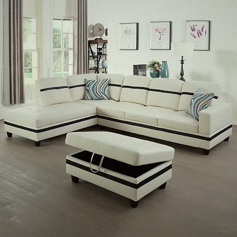 NEW White Modern Contemporary Sectional with Storage Ottoman & 2 Pillows
