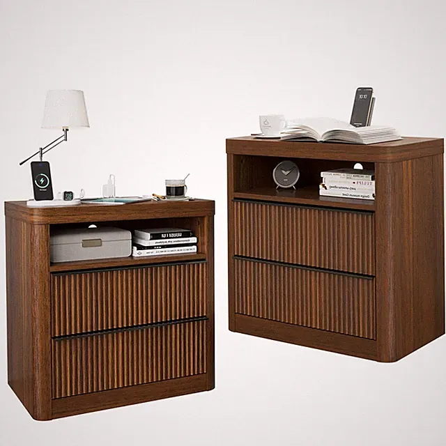 Nightstand Set of 2 Fluted Drawer Storage USB Port Outlet Mid Century Walnut