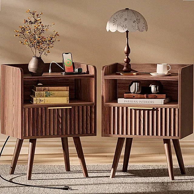 Nightstand Set of 2 with Charging Station, USB-C Port, End Tables Fluted Night S