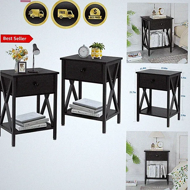 Nightstands Set of 2, Modern Bedside End Tables, Night Stands with Drawer and...