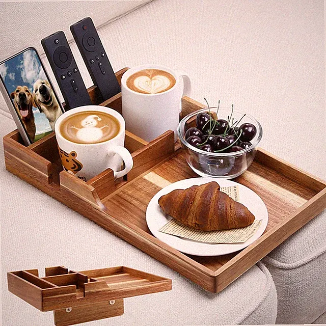 Nnewvante Couch Tray Insert with Cup Holder 2-in-1 Sofa Organizer Acacia Wood Fi