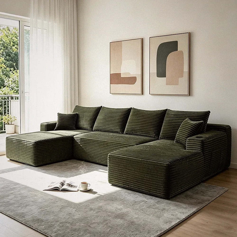 No Assembly 134" Cloud Sectional Sofa, U-Shape Chaise with Cup Holder & Pockets