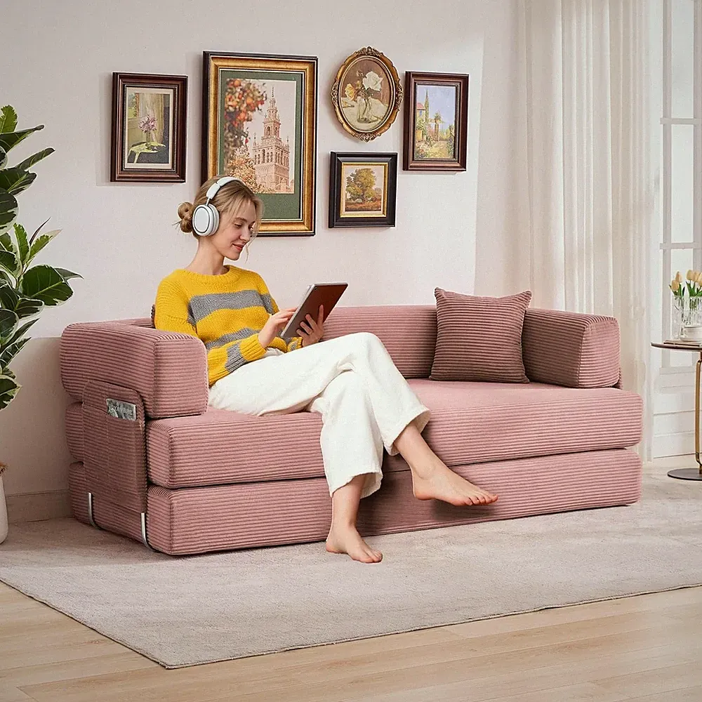 No Assembly Corduroy Sofa Bed 5in1 Convertible for Living Room, Bedroom & Lounge