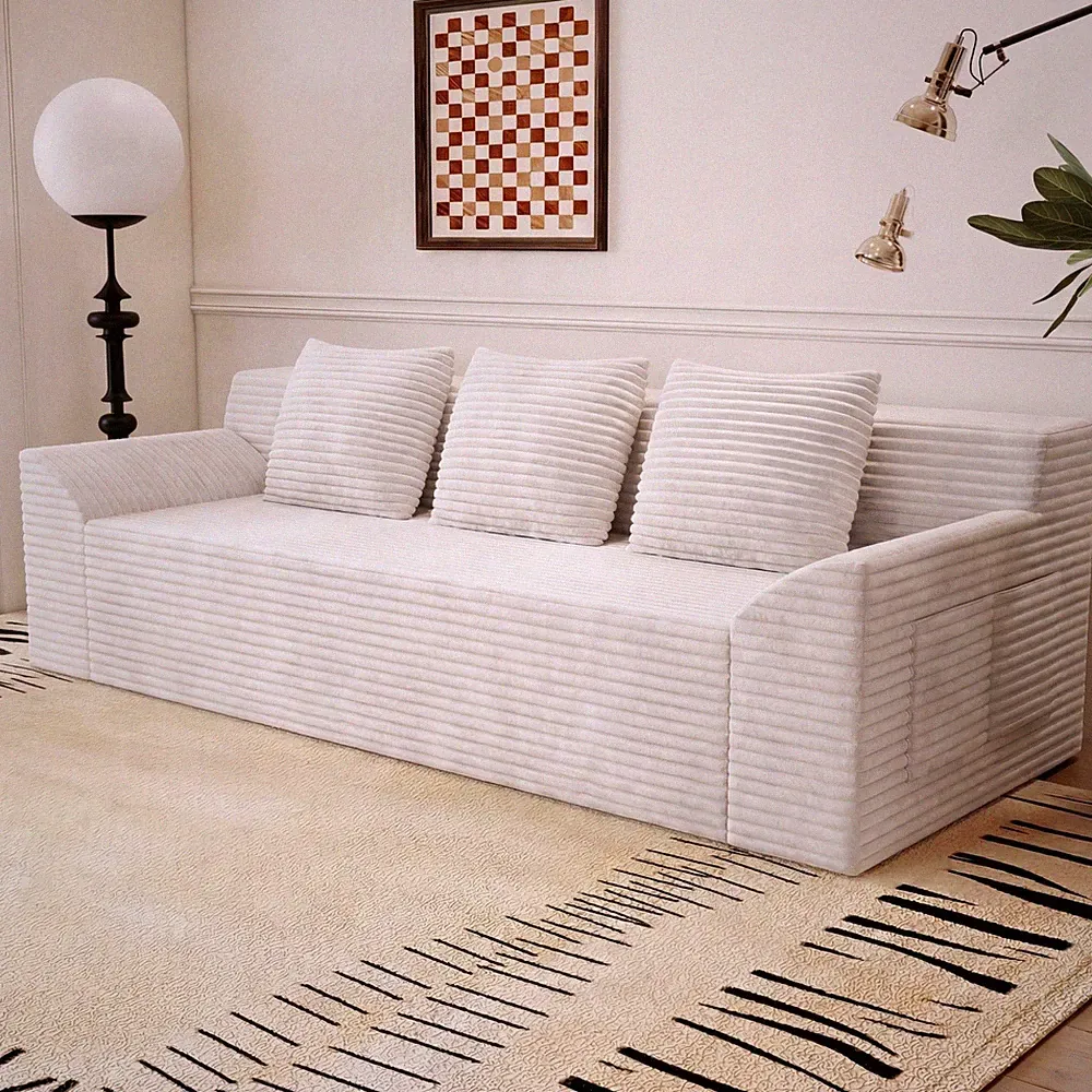 No Assembly Floor Sofa 3-Seater Modern Fabric High-Density Foam for Small Spaces