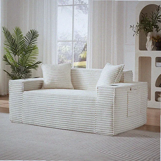 No Assembly Floors Loveseat 2 Seater Corduroy Sofa w/ Cup Holders for Apartments