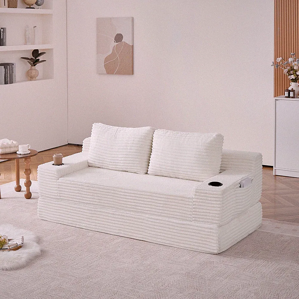 No-Assembly Plush Corduroy Convertible Sofa Bed w/ Cup Holders & Pockets
