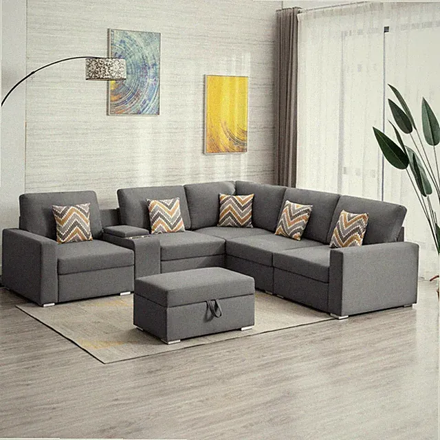 Nolan 106" Gray Linen Fabric 7Pc Reversible Sectional Sofa With Interchangeable