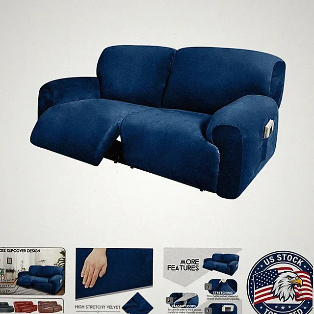 Non-Slip Navy Velvet Reclining Love Seat Cover for Extra Wide Sofas - 6 Parts
