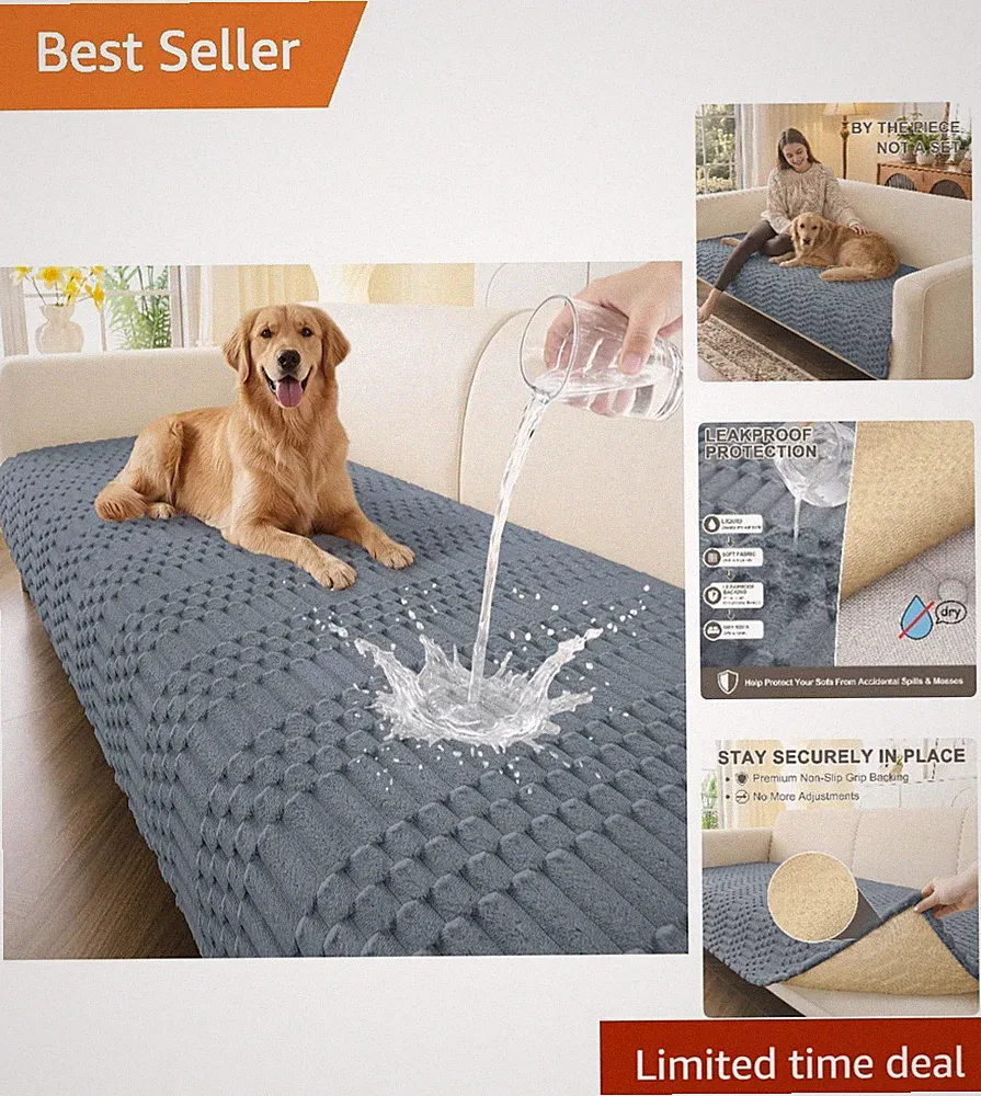 Non-Slip Washable Pet Sofa Cover, Anti-Pilling, 71" x 36", Grey Checkered Design