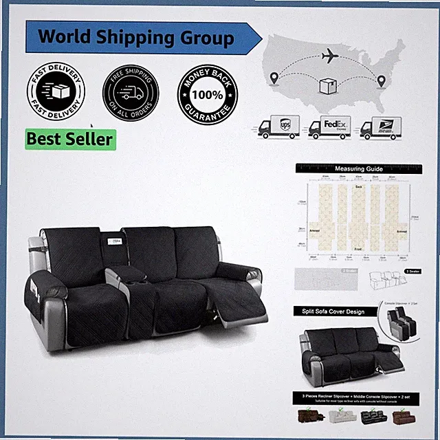 Non-Slip Washable Recliner Sofa Cover for 3 Seater with Center Console, Black