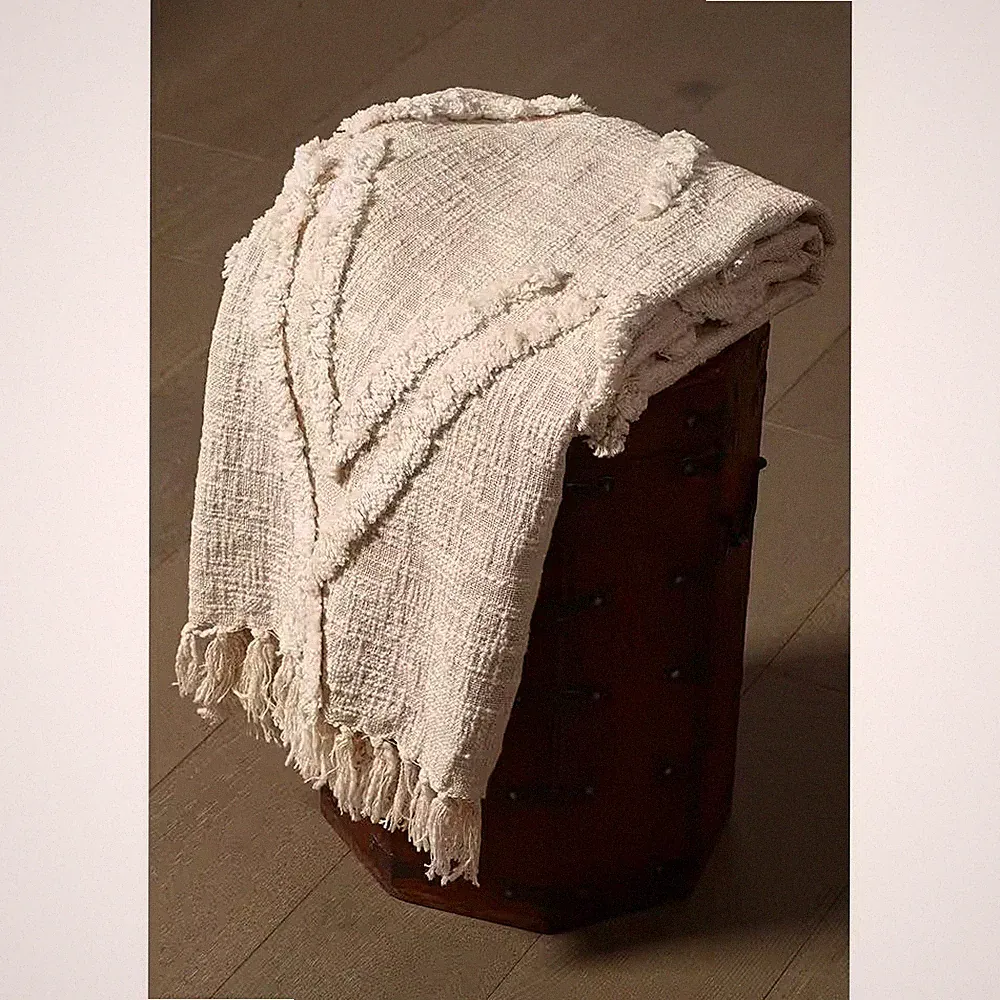 Norah Handmade Beige Boho Farmhouse Sofa Bed All Natural Cotton Throw Blanket wi