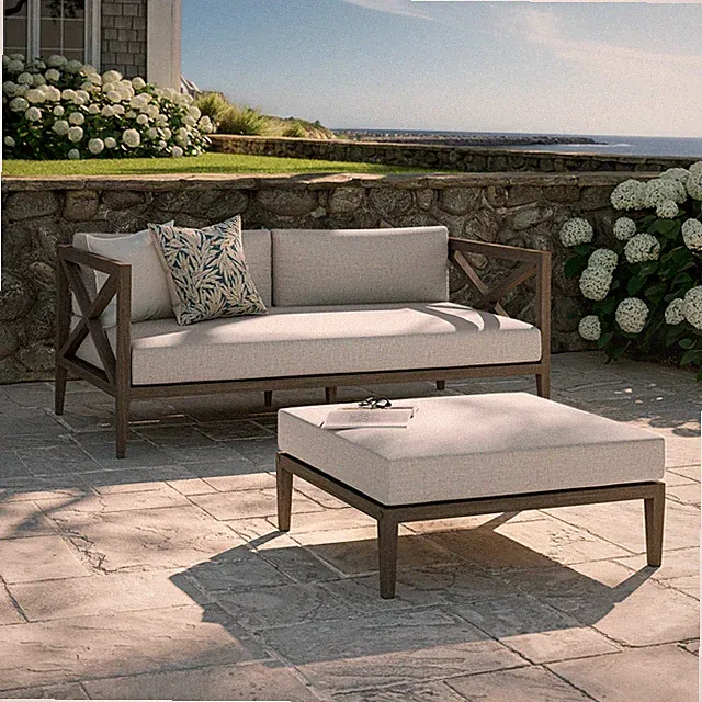 Northlake Outdoor Teak Wood Loveseat and Ottoman Set in Pebble