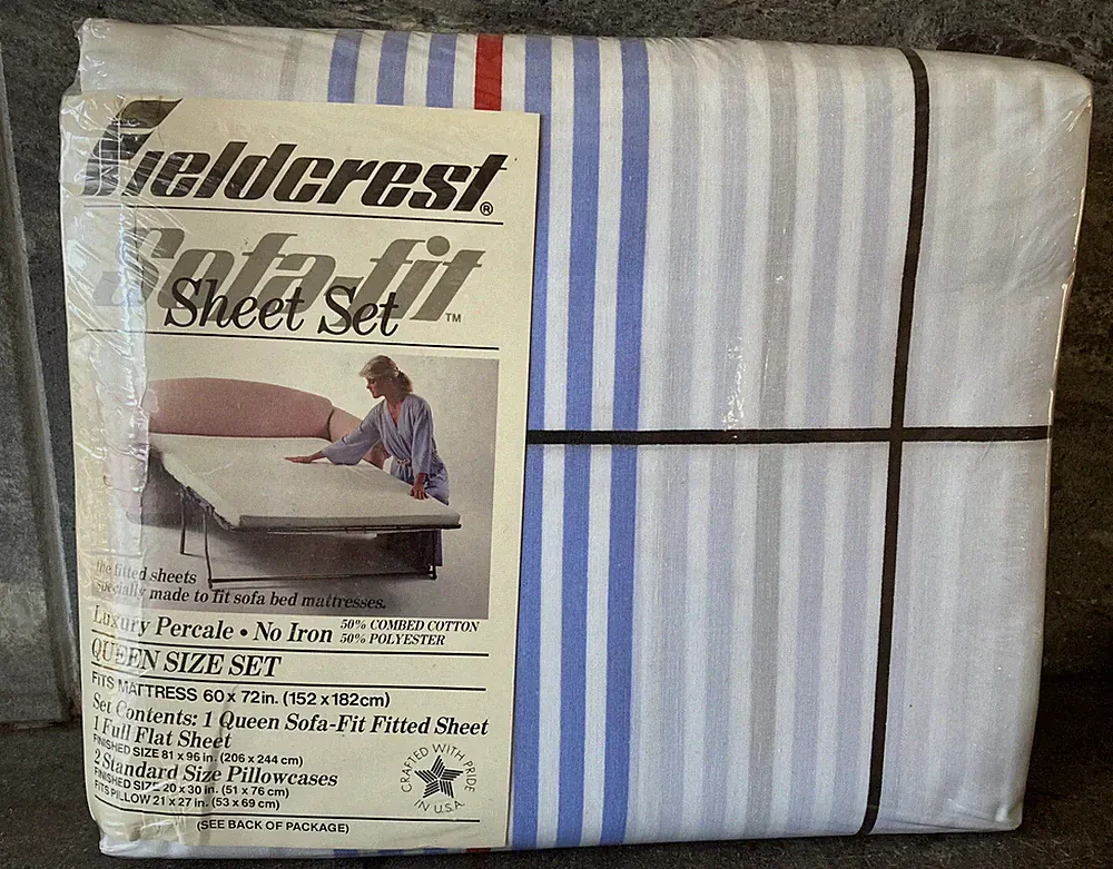 NOS 80s Vintage SOFA BED QUEEN SHEET SET Fieldcrest PRIMARY COLORS STRIPE NIP