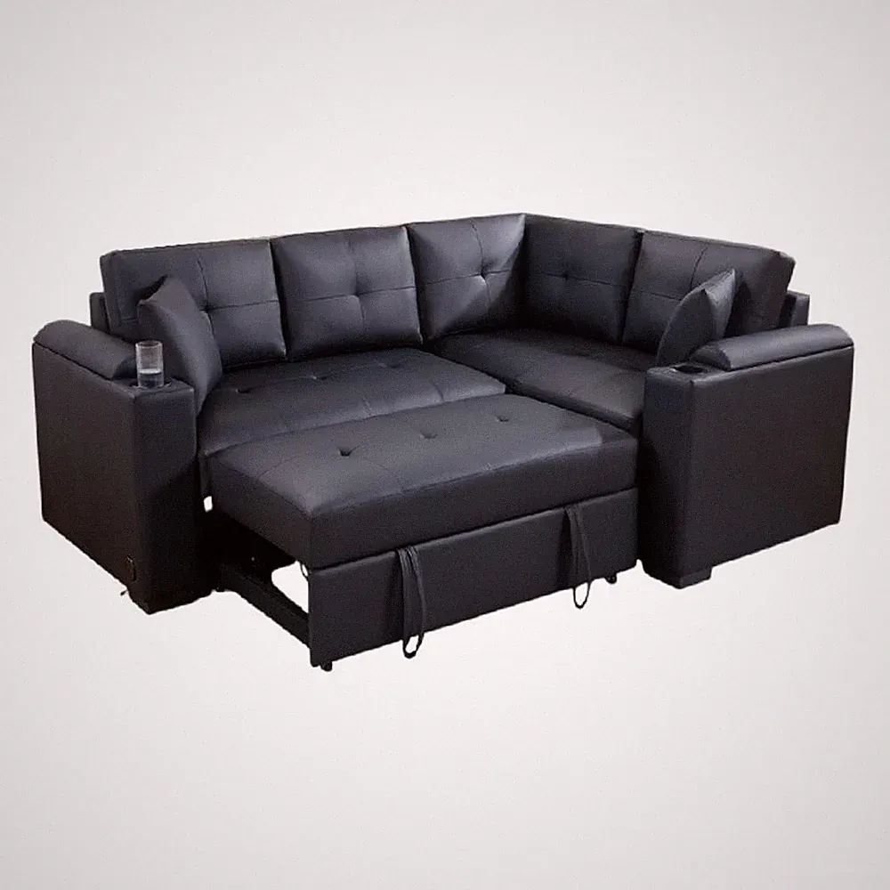 Nov Sectional Sleeper Sofa- 2 Pillows- USB Charger- Black Faux Leather