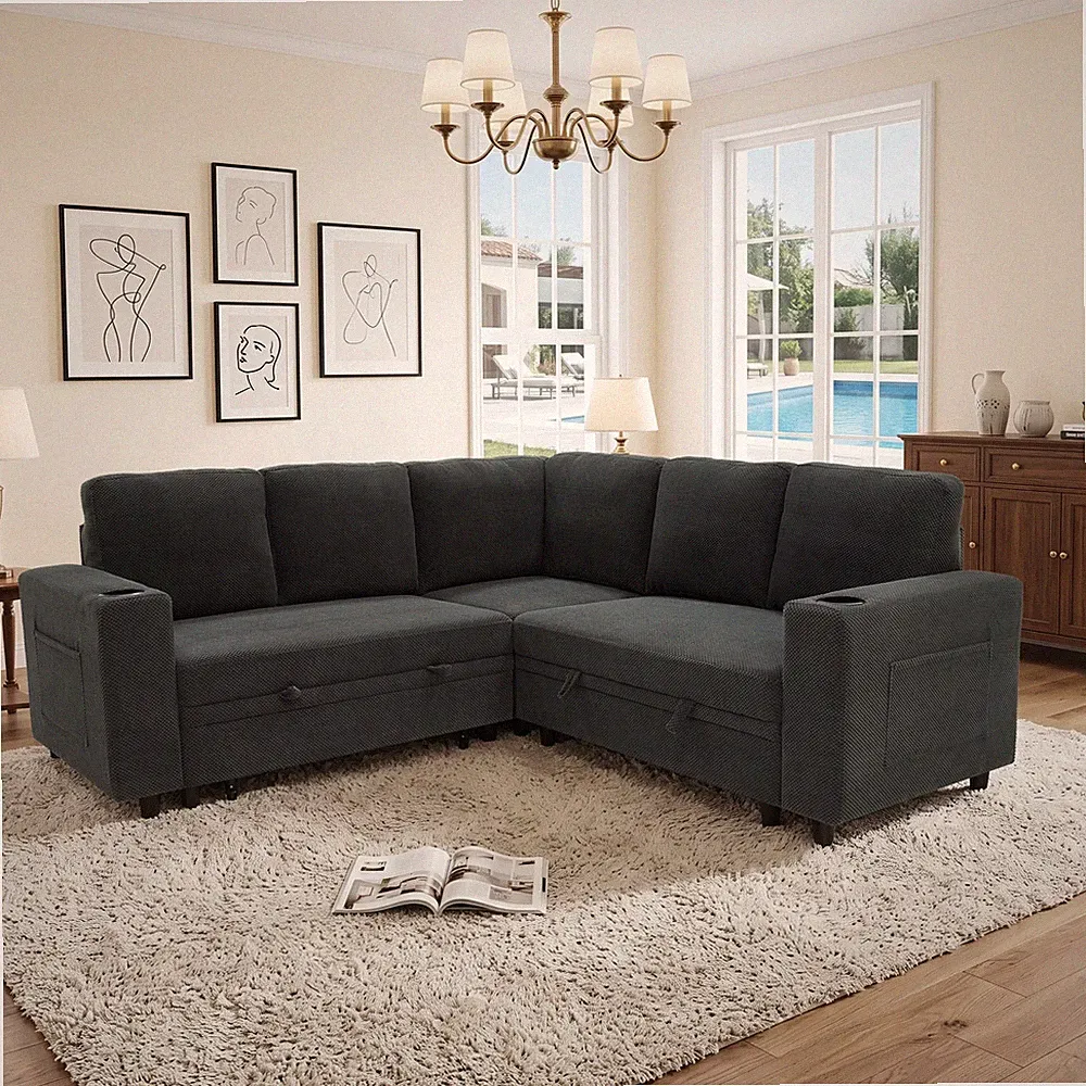 Nubby upholstery upholstered L-Shape Sectional Sofa Bed w/Pull Out Sleeper and S