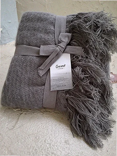 *NWT* WEST ELM Coziest Throw blanket in GRAY 44" x 56" couch fringed