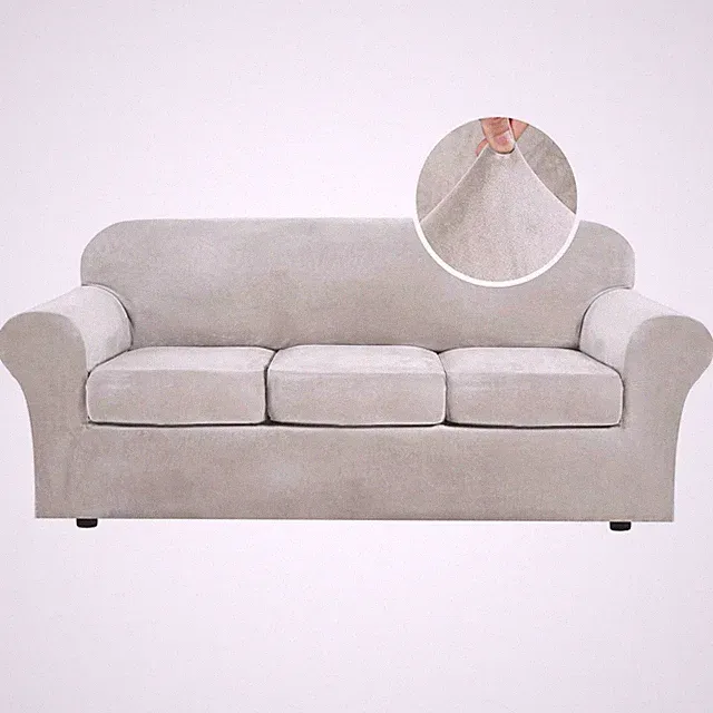 Oatmeal 3 Cushion Velvet Plush High Stretch Sofa Slipcover Sofa Cover Set