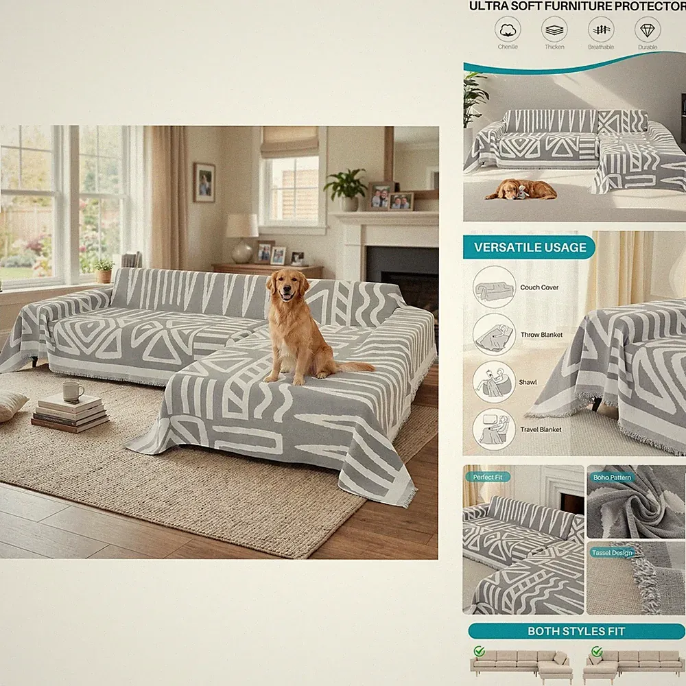 Okyuk Boho Sectional Couch Covers 2 Pieces L Shaped Sofa Cover Chenille Couch