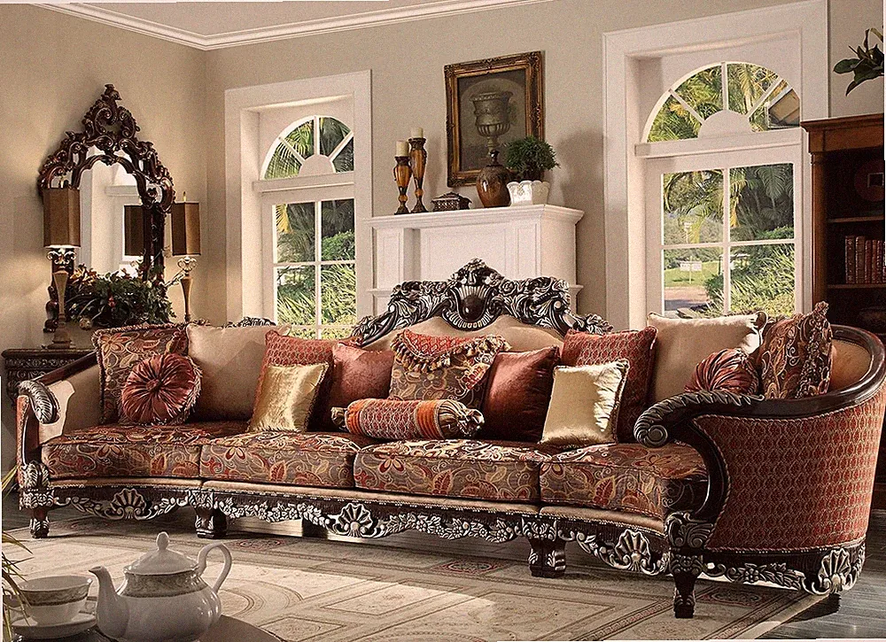 Old World European Luxury Formal Dark Red Mahogany Finish Sectional Sofa