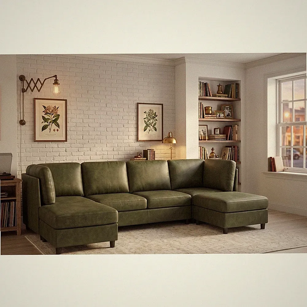 Olive Faux Leather Modular Sectional Sofa, 6-Seat, 124"L x 62"W x 34"H