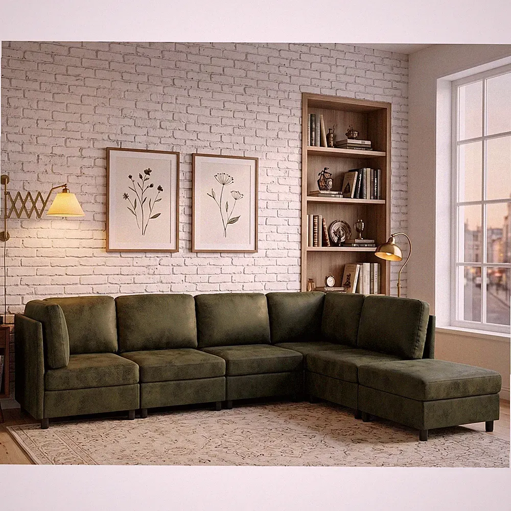 Olive Faux Leather Modular Sectional Sofa, 6-Seat, 124"L x 91.5"W
