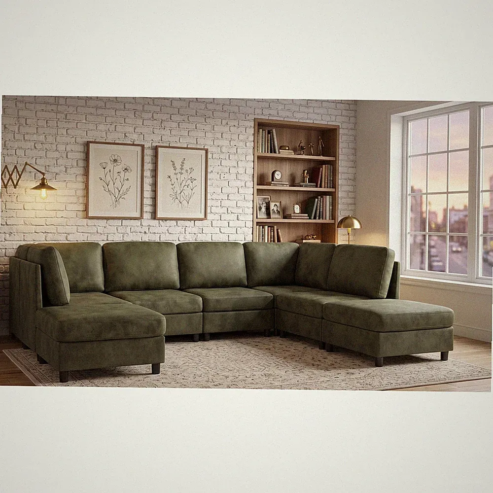 Olive Faux Leather Modular Sectional Sofa, 8 Seat, 124" L x 91.5" W