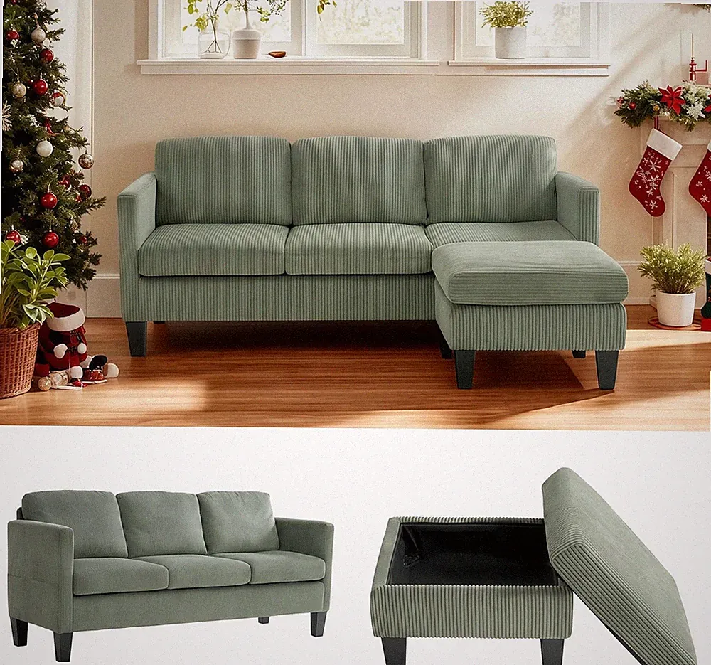 Olive Green L-Shaped Convertible Sofa Bed with Chaise and Storage