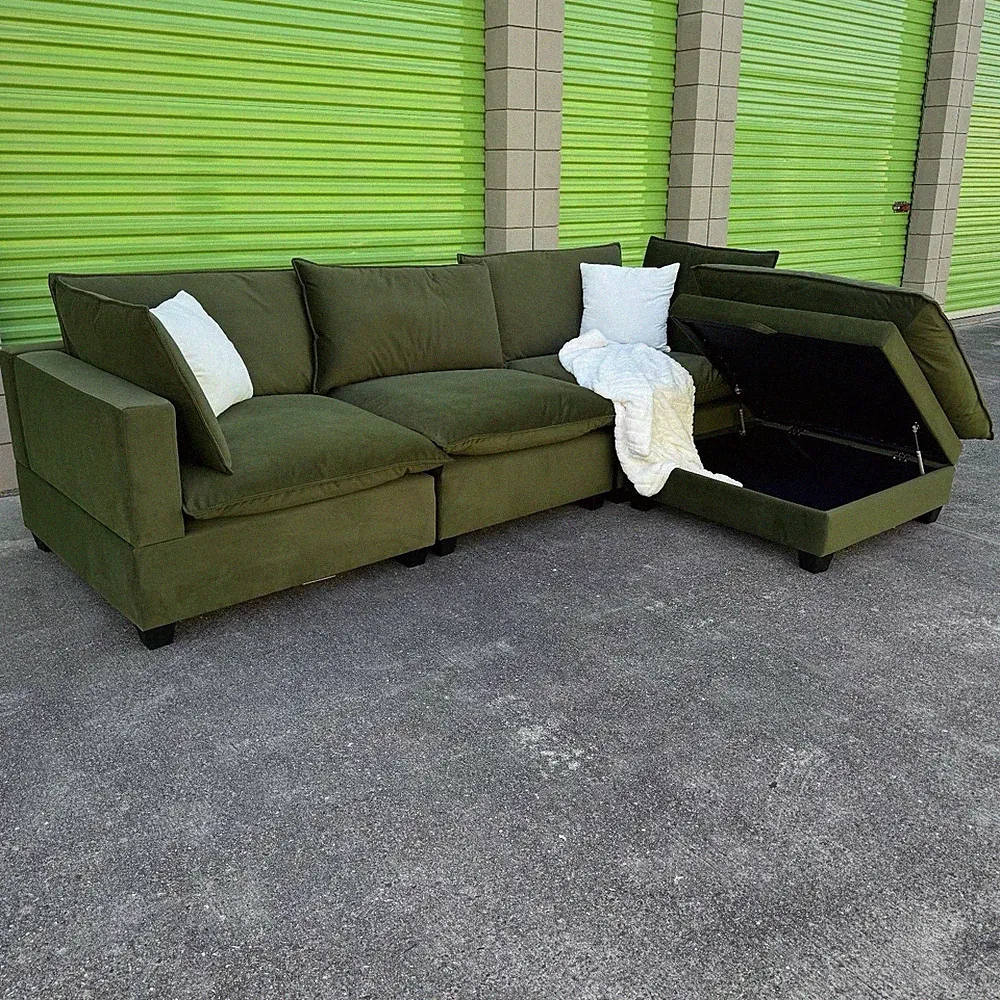 Olive Green Velvet Sectional Sofa 4-Seater with Storage Chaise Contemporary