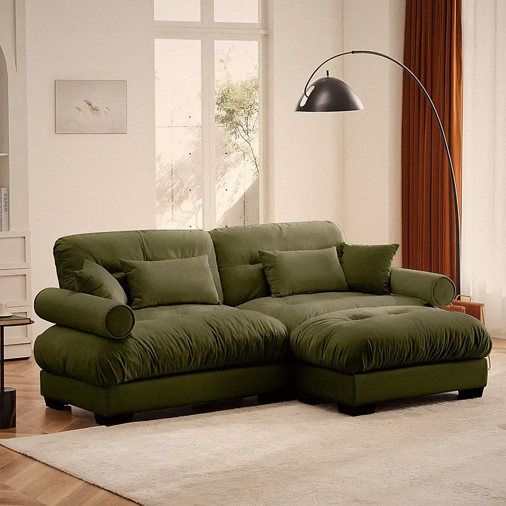 Olive Green Velvet Sectional Sofa Set with Ottoman & Pillows for Living Room