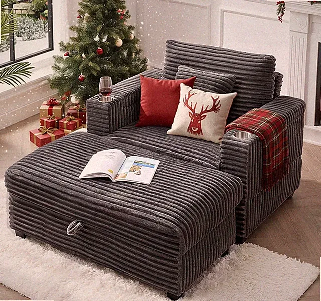 ONBRILL Corduroy Oversized Chair with Ottoman, 44" Wide Armchair with Cup Holder